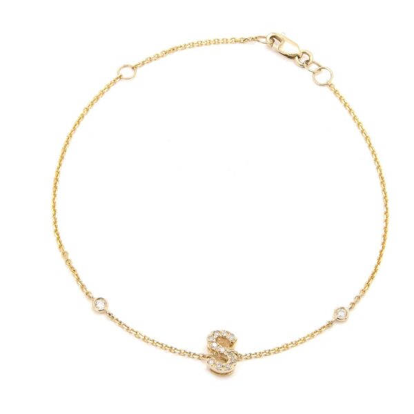 Yellow Gold Letter Single Micro Pave Diamond Bracelet (Diamond Initial Fashion Bracelet L (14K) (6+1))